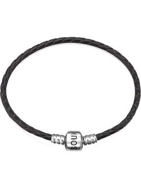 Women's Black Leather Sterling Silver Barrel Snap Clasp Bead Bracelet